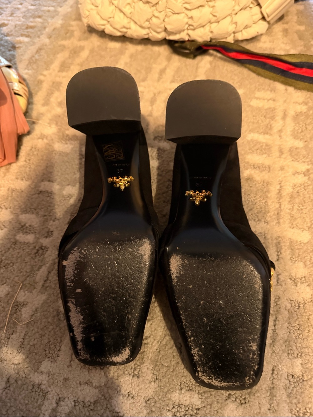 Prada Black Suede Gold-Chain Block Heel Loafers - Picture 3 of 3